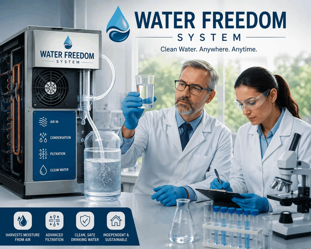Water Freedom System — how it works: air in, condensation, filtration, clean water