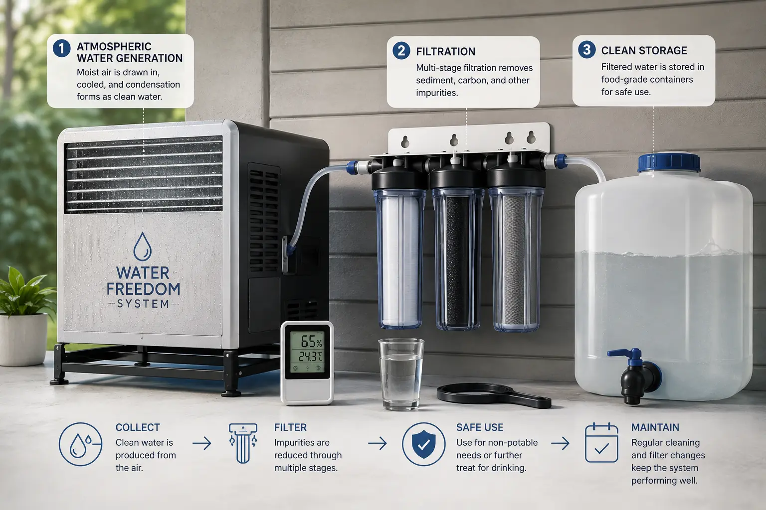 Water Freedom System — atmospheric water generation, filtration and clean storage process